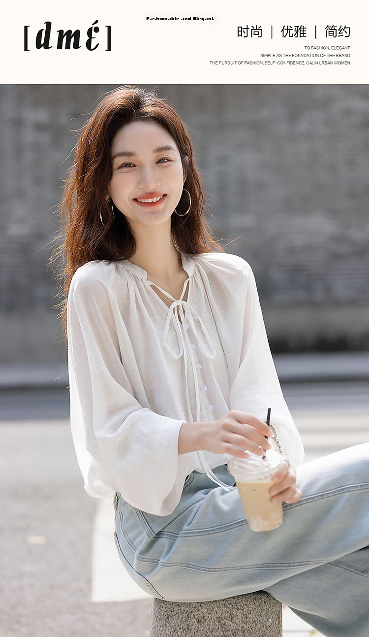 Demana [Simple Life] Spring and Autumn Lightweight Oxygen Linen Lyocell Blend Elegant V-Neck Ribbon Pocket Sleeve Women's Shirt 1