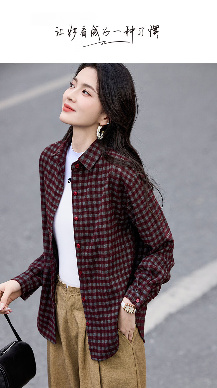 Demana Vintage Style Spring 3D Collar Plaid Loose Slimming Concealing Petite Shirt for Women High-End Feel 1