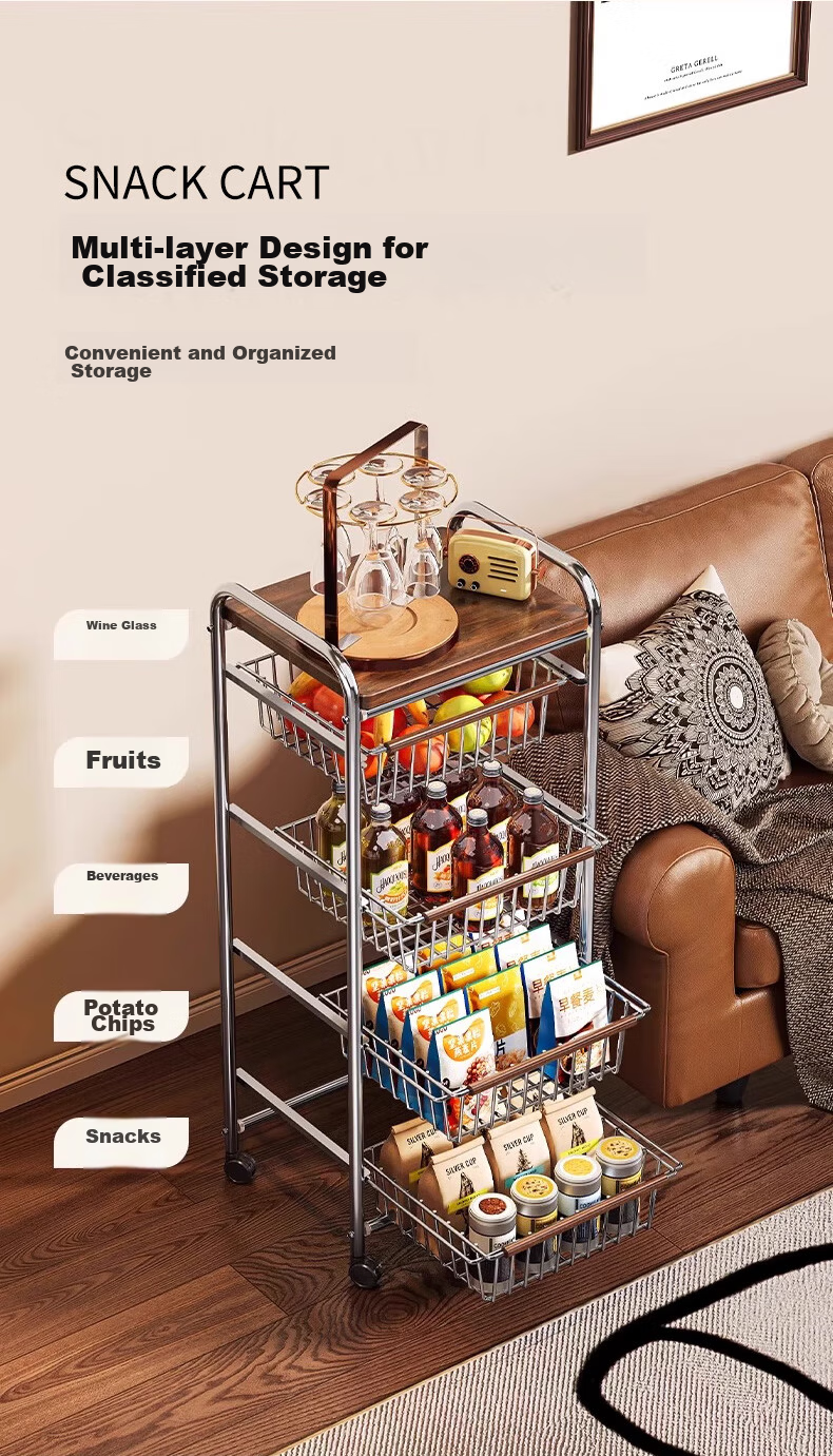 Zhuobo Kitchen Floor Storage Rack Multi-Layer Living Room Snack Shelf BH18 Four-Tier Six-Basket with Crystal Wheels 4
