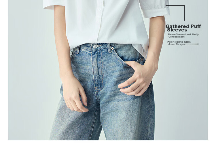 Giordano 2026 Summer Pure Cotton Loose Seagull Collar V-Neck Puff Sleeve Short Sleeve Shirt for Women 13346212 8