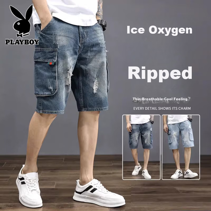 Playboy Ripped Denim Cargo Shorts Men's Summer Lightweight Five-Point Casual Workwear Mid-Length Pants for Young and Middle-Aged 1