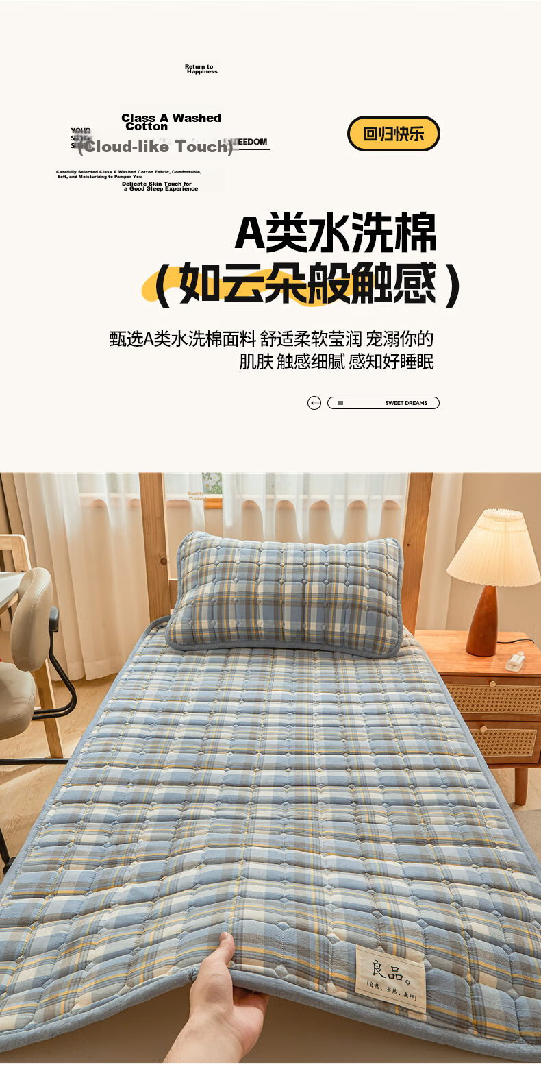 Hodo Class A 100 Cotton Mattress Cover, Single Bed Pad for Dormitory Or Home Use, Thin Foldable Bedding, 0.9*2m, Blue Plaid 4