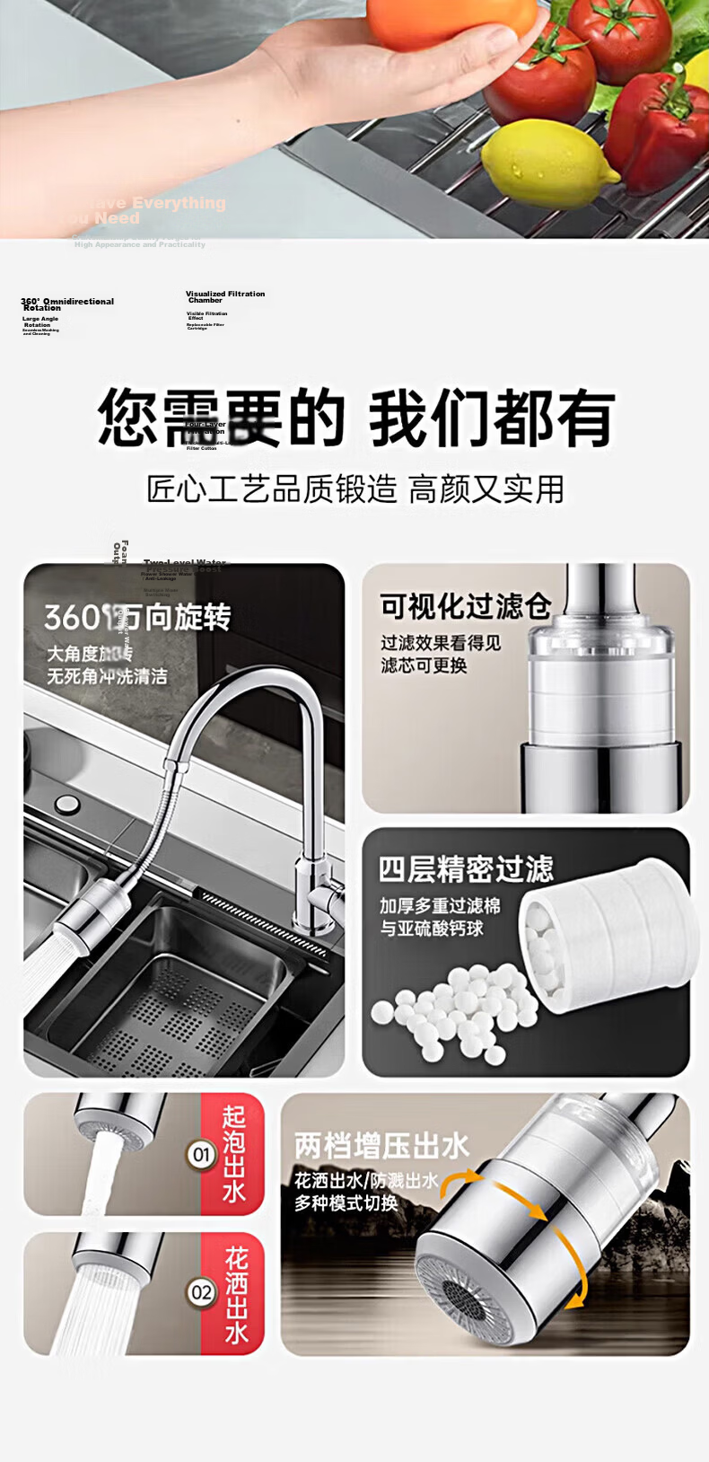 WUZORY Precision Kitchen Faucet Stainless Steel Long Extension Booster Aerator Filter Splash-Proof Nozzle 2