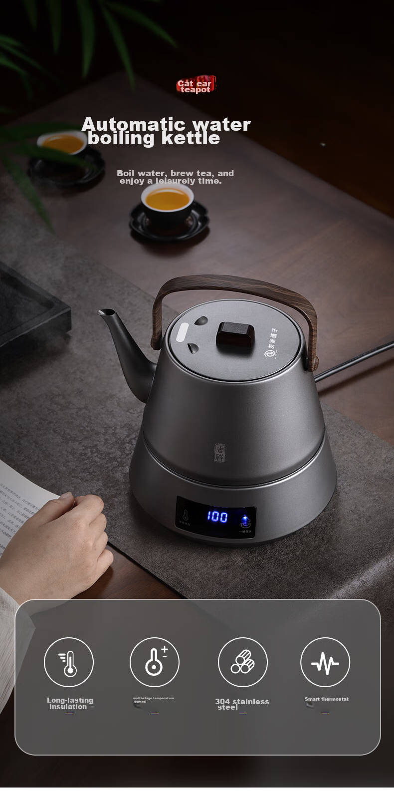 Biooner Fully Automatic Electric Kettle Water Boiler Tea Maker with Integrated Tea Table And Coffee Table for Brewing Tea And Coffee, Titanium Gray with Handle Steel Pot 2