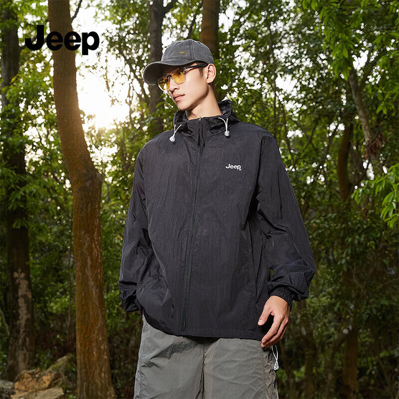 JEEP Sun Protection Jacket, Summer Breathable, for Men And Women Couples, Ice Silk Outdoor Sports Skin Coat, Pure Black, 3XL