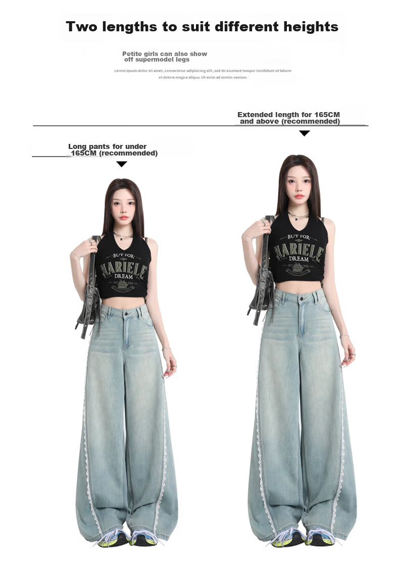 Jeanswest Women's Jeans 2026 Summer Retro Washed Light Lace Trim High Waist Washed Wide Leg Pants Light Blue M 8