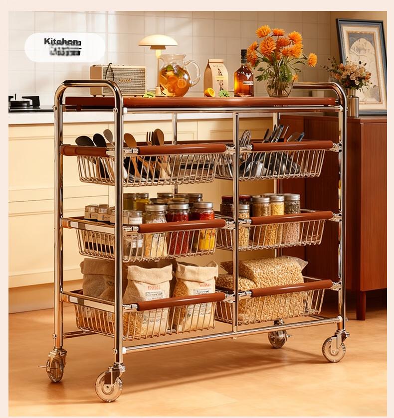 Zhuobo Kitchen Floor Storage Rack Multi-Layer Living Room Snack Shelf BH18 Four-Tier Six-Basket with Crystal Wheels 16