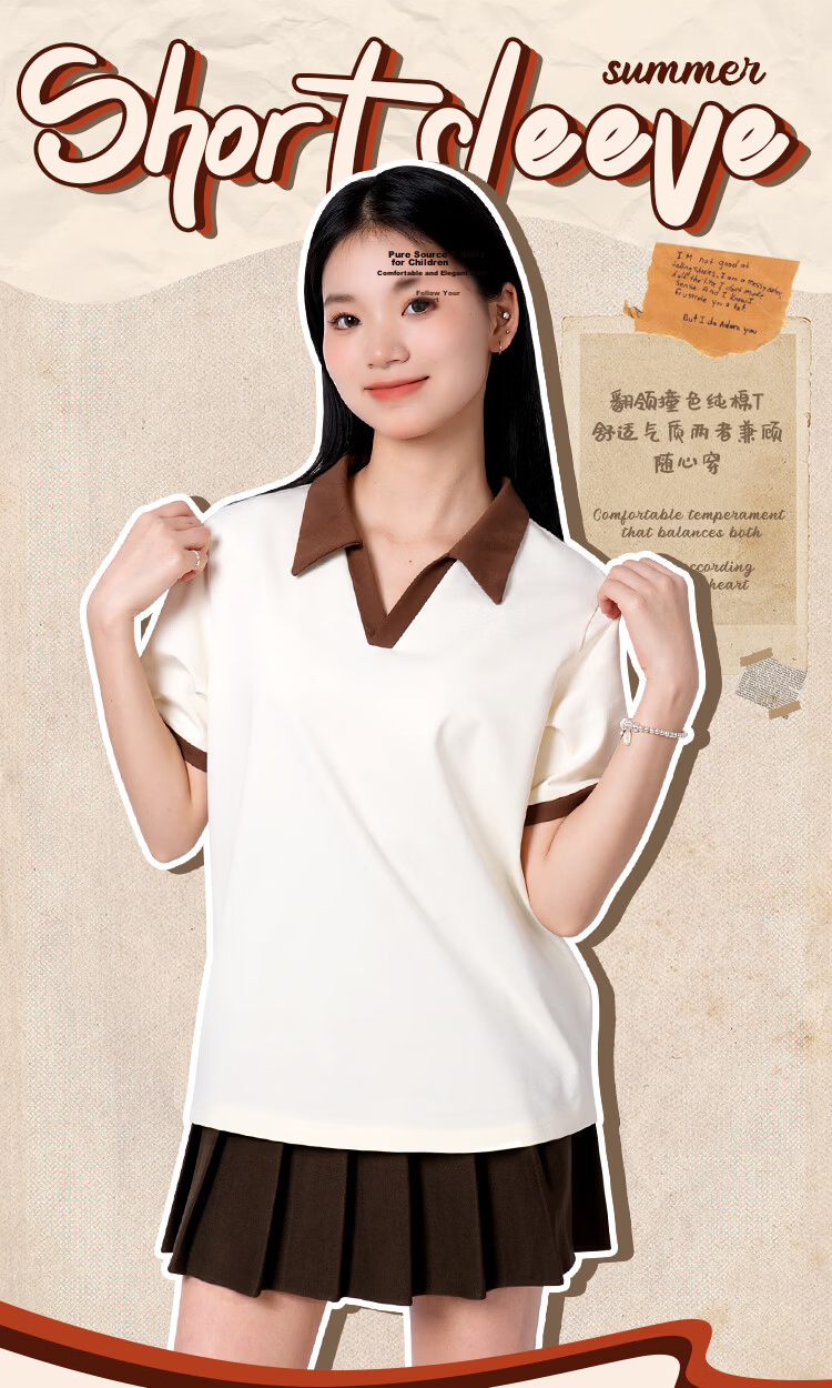 Warrior Summer Contrast Color Cotton Short Sleeve T-Shirt Women 2026 New Loose Fit High-Quality Polo Collar Top 2