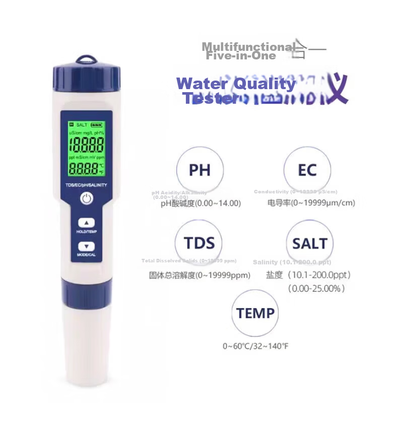 Honggong Water Quality Tester PH/EC/TDS Temperature Salinity Acidity Conductivity 5-in-1 High-Precision Meter Pen 1