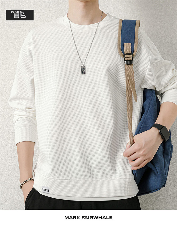 MARK FAIRWHALE Men's Spring and Autumn Waffle Knit Casual Crew Neck Long Sleeve T-Shirt White XL 19