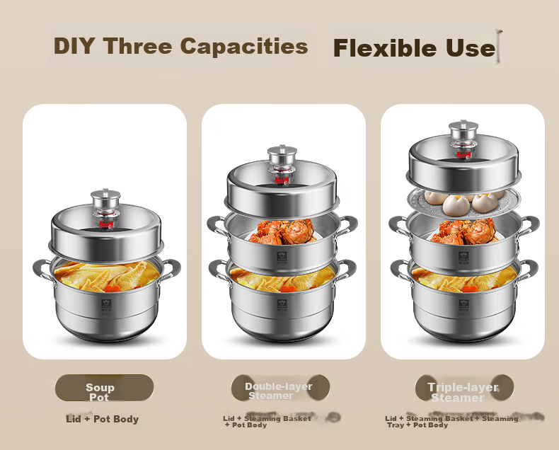 KBH 304 Stainless Steel Three-Layer Steamer Pot with Composite Bottom, Multi-Functional Anti-Scalding Cookware, 30cm, Compatible with Gas Stoves 12