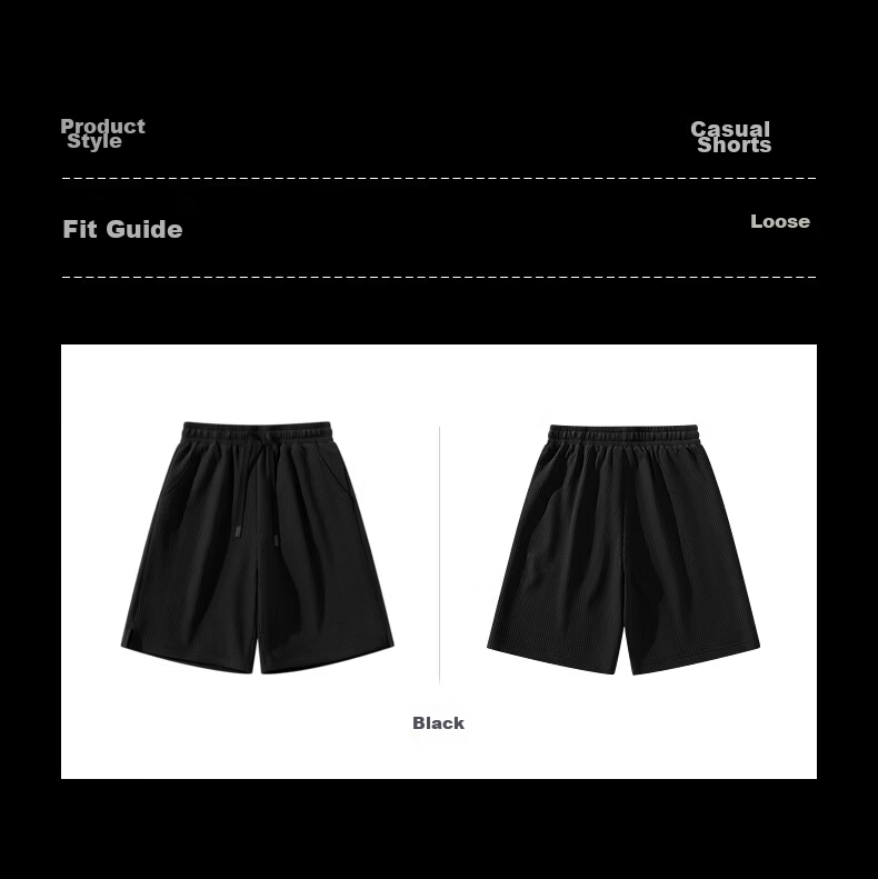 Gxgjeans Men's Casual Waffle Texture Drawstring Loose Straight Shorts 26 Summer New Black 185/XXL 3