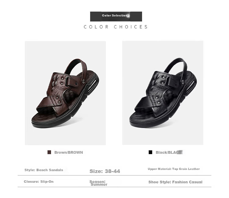 PLAYBOY Men's Leather Summer Sandals Genuine Leather Dual-Purpose Beach Shoes Lightweight Air Cushion Black Size 38 4