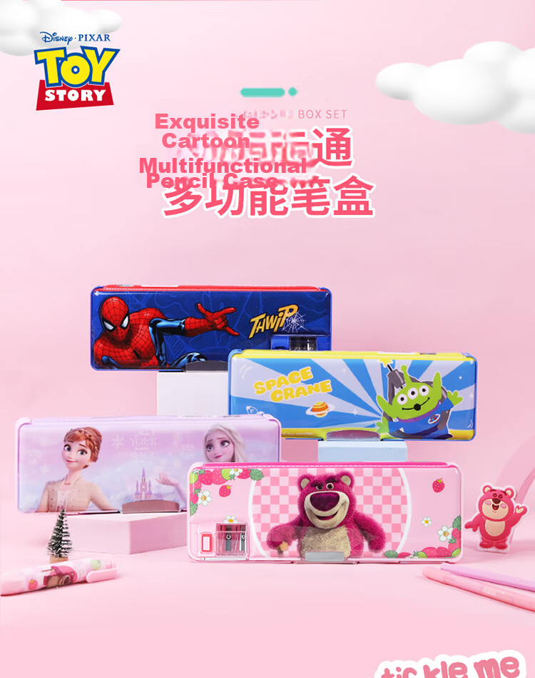 Disney Elementary School Stationery Box Multifunctional Plastic Pencil Case with Sharpener Children's Birthday Gift Double-Sided Large Capacity Pencil Box Elsa Princess Back-to-School Gift 1