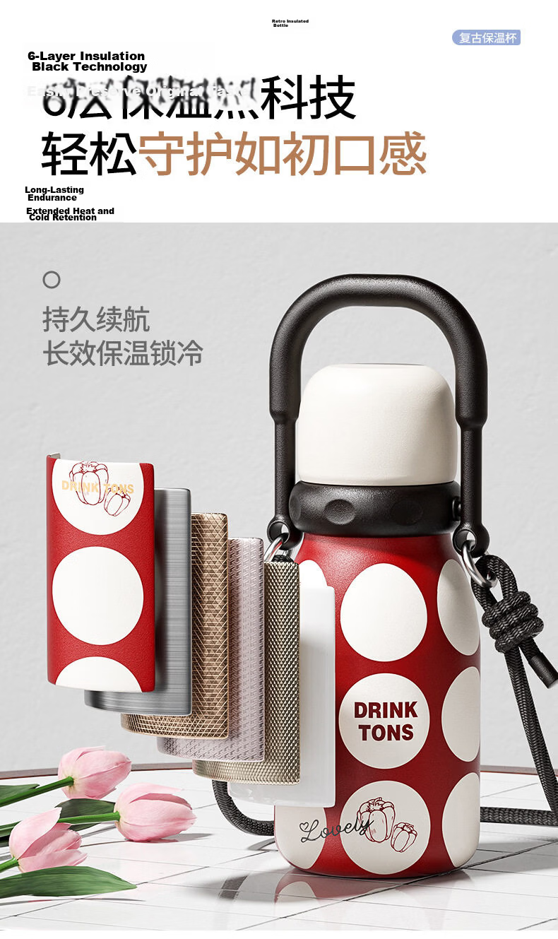 Lingchen Insulated Water Bottle Unisex Food-Grade Stainless Steel Dual-Use Straw Cup Large Capacity Portable Outdoor Cup with Lid 6