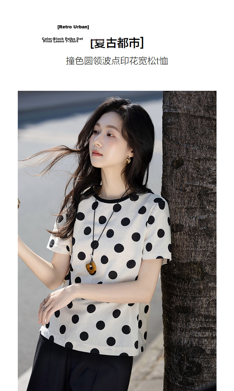 Demana [Linen Cotton Blend] Summer Vintage Urban Colorblock Crew Neck Polka Dot Print Loose Slimming T-Shirt for Women Premium 5