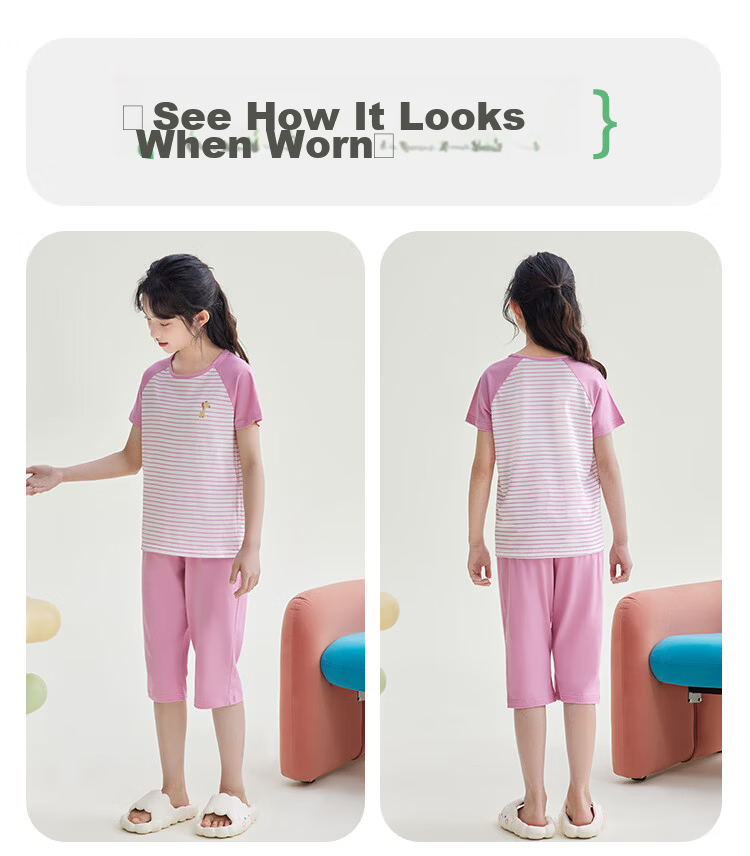 Hodohome Children's Pajamas, Girls' Pure Cotton 7A Antibacterial Short-Sleeve Long Pants Loungewear, Cartoon Air Conditioning Suit for Girls, Pink 200, Size 140 24
