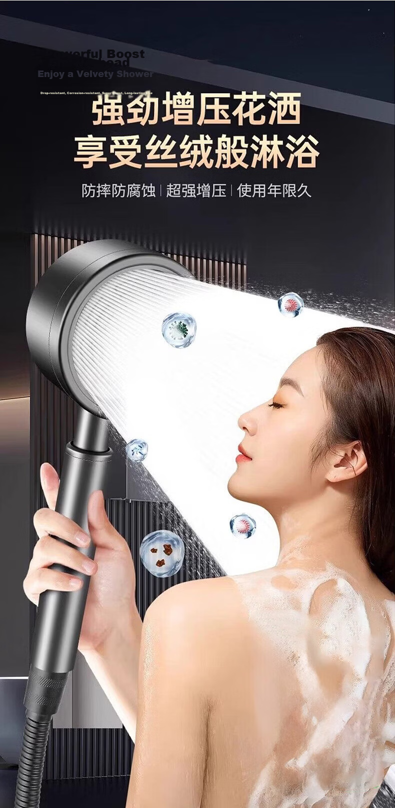HOMK Seiko Shower Head High-Pressure Shower Set 304 Bathroom Shower Head with Hose 3