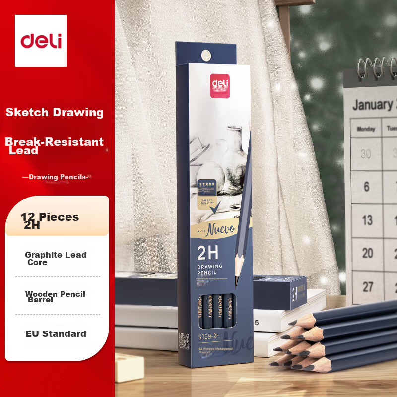 Deli Premium Drawing Pencils 12pcs 2H Sketch Pencils Hexagonal Black Lead Art Sketching Engineering Drafting Pencils for Beginners Student School Stationery
