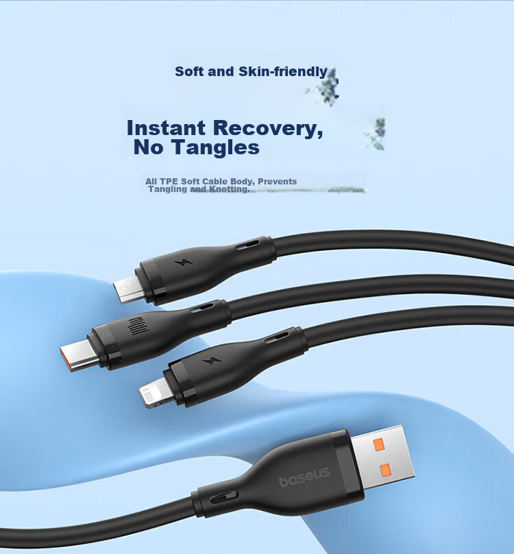Baseus Three-In Charging Cable, Fast Charge 100W/88W, One Cable with Three Ends, Compatible with Apple Type-C, Android, IPhone 15/16/17, Huawei Mate 70, Xiaomi Phones, Car Charger, Black 11