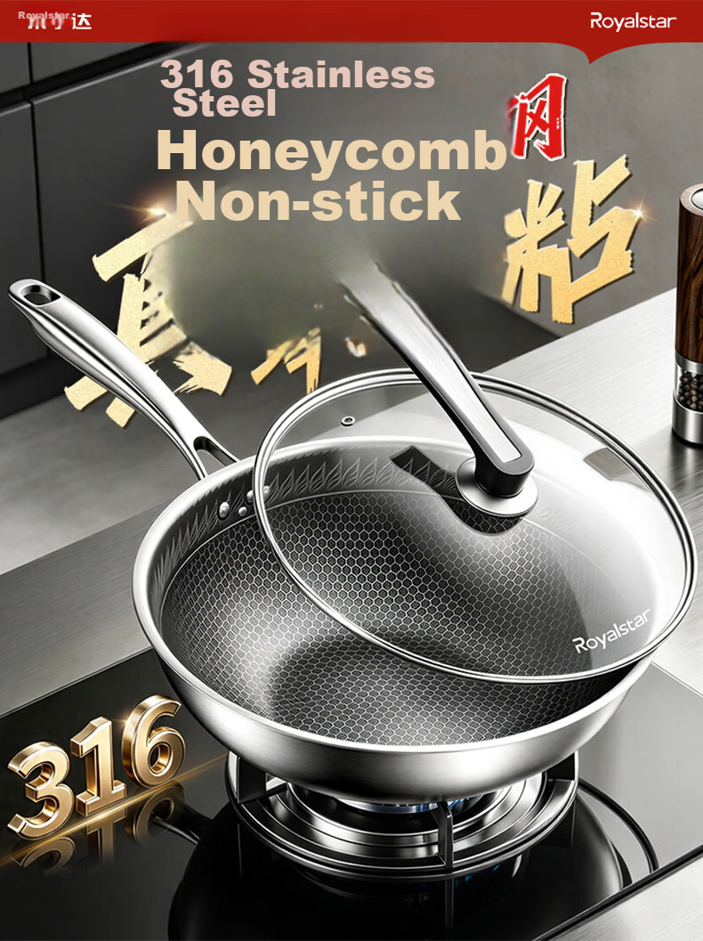 Royalstar Titanium Non-Stick Wok 304 Stainless Steel Household Frying Pan Flat Bottom Skillet Compatible with Induction Cooker and Gas Stove 1