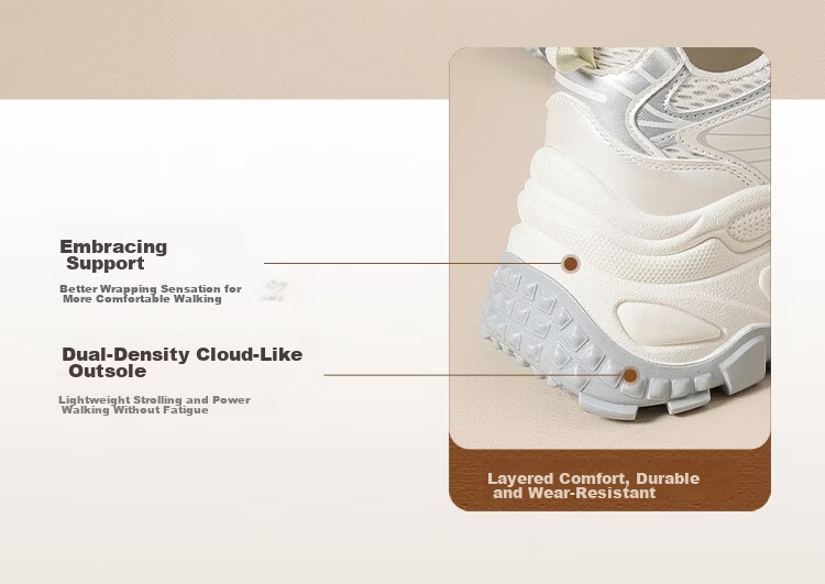 ZHR Women's Dad Sneakers 2026 Spring Autumn New 7CM Thick Sole Lightweight Non-Slip Sports Shoes Beige Size 37 7