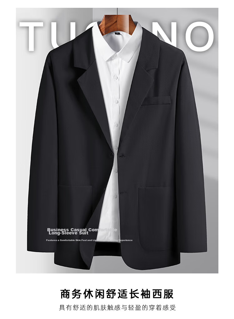 TUCANO Men's Suit Jacket Four-Season Solid Color Business Casual Formal Workwear Single-Breasted Black 2XL 3