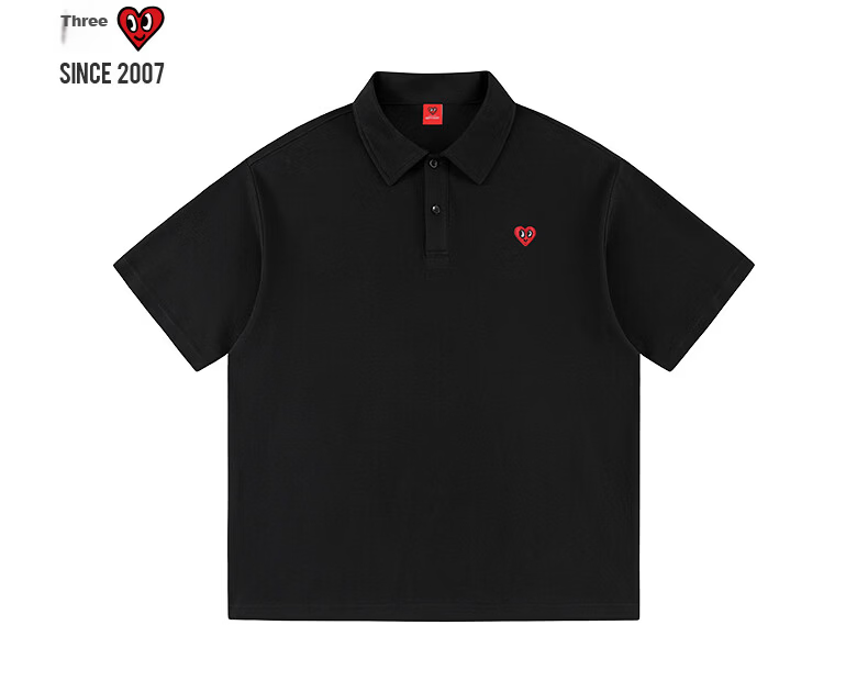 Charles Heart Summer Minimalist Campus Style Short Sleeve Polo Shirt Casual Unisex Black L 5