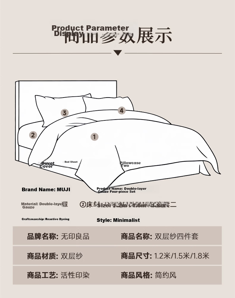 MUJI A-Class 100% Cotton Double-Layer Gauze Skin-Friendly Soft Bedding Set Printed Four-Piece Set for Single/Double Bed 1.5/1.8m Bed 2*2.3m Double-Layer Gauze Lanmige 9