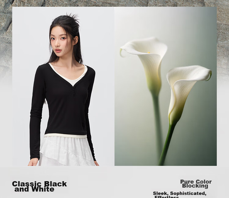 Semir Women's Long Sleeve T-Shirt 26 Autumn Short Slim Fit V-Neck Color Block Faux Two-Piece Top 109526101006 13