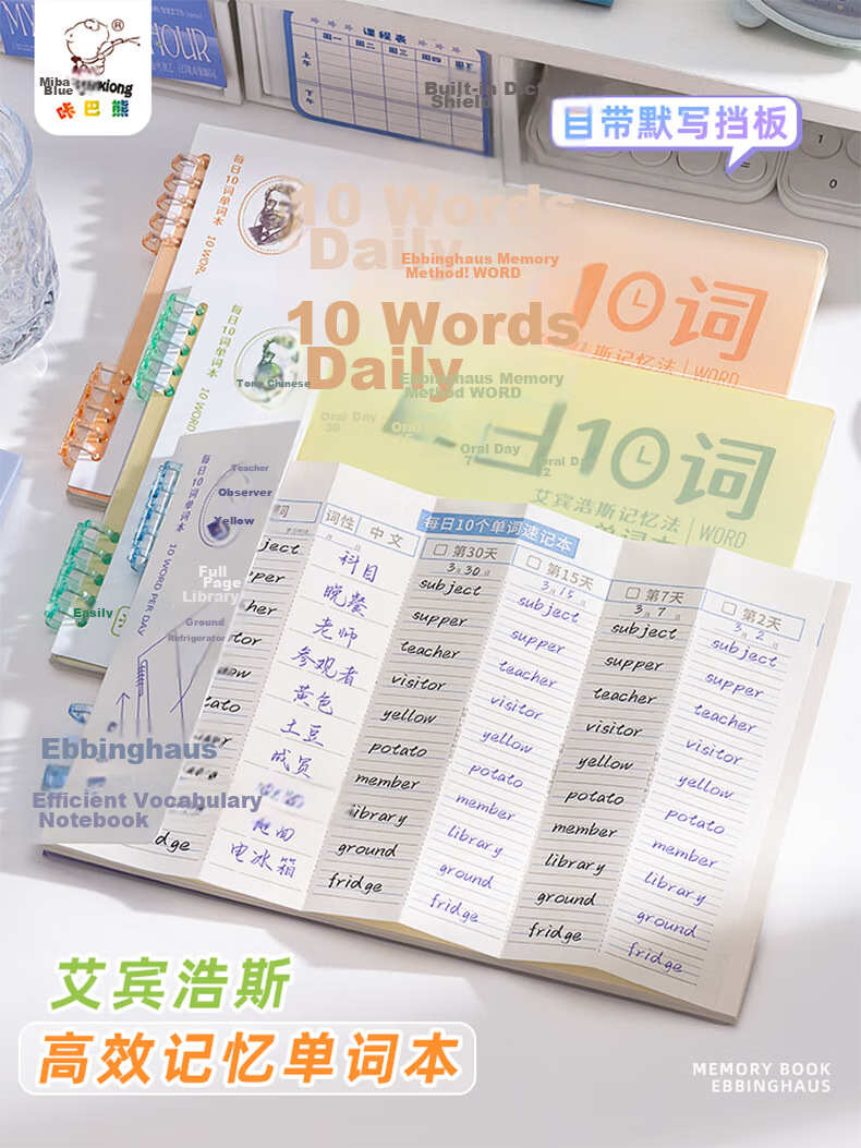 Kaba Bear Daily Ten Words Vocabulary Notebook 60 Pages Efficient English Word Memorization Foldable Refillable Thick Beige Paper with Divider Student Gradient Green 2