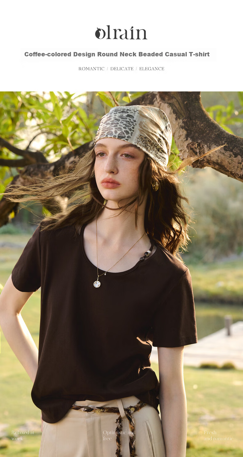 Olrain Oureier Round Neck Beaded Fitted Short Sleeve T-Shirt Women's Summer New Casual Trendy Top Beige L 1