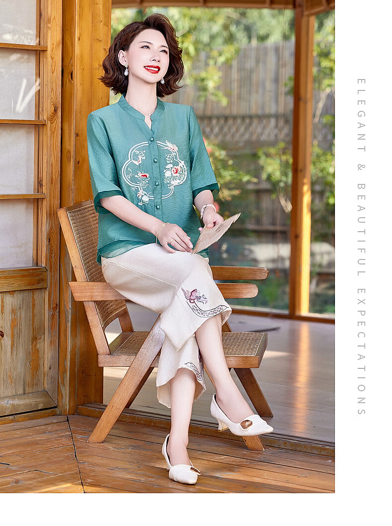 Hodo New Chinese Style Summer Shirt Set for Moms 2026 New 50-60 Years Old Middle-aged and Elderly Women's Two-piece Top Set 11