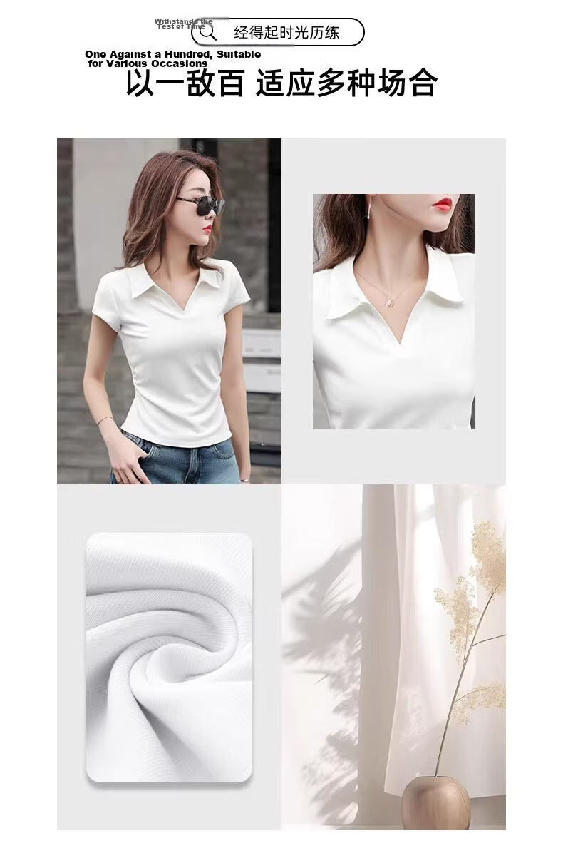 Woodpecker Pure Cotton Polo Collar Short Sleeve T-Shirt Women Summer Shoulder Pleated Waist Slim Fit Cropped Top Black XL 6