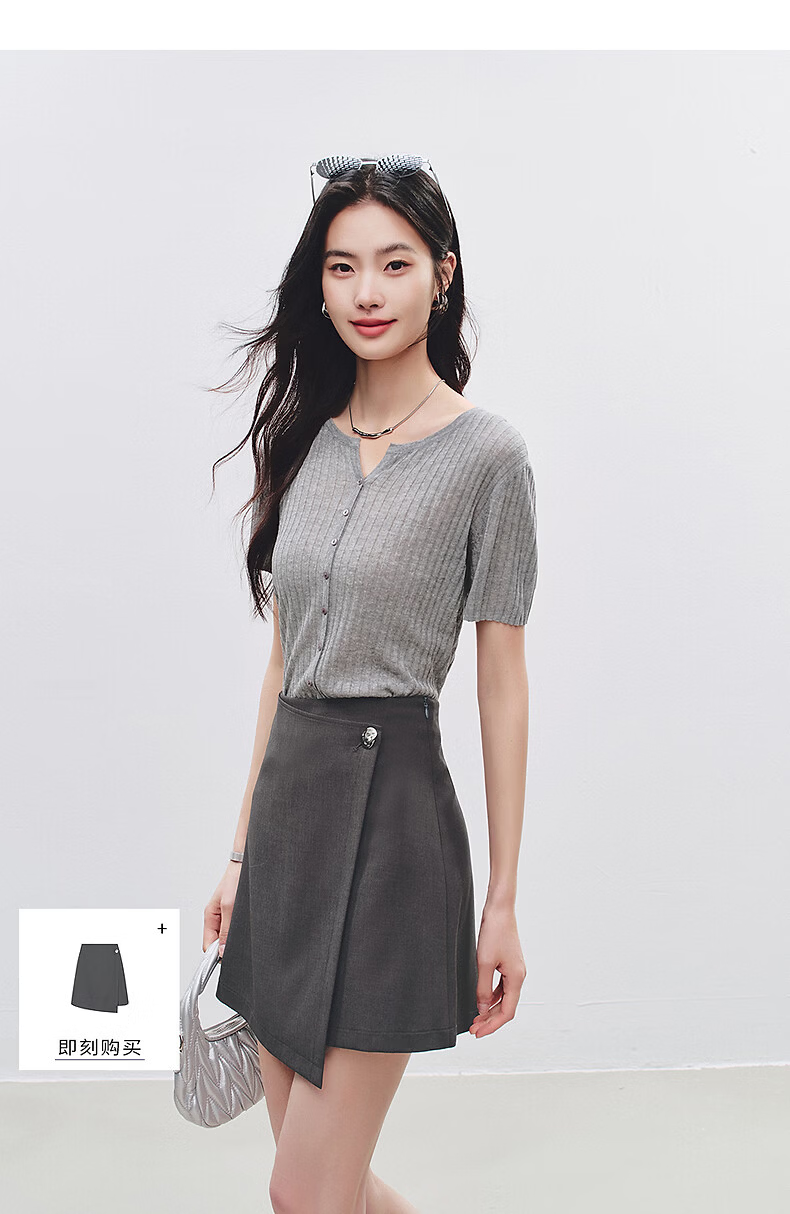 Yixiang Liying Solid Color Short Sleeve Linen Knitwear Women's New Soft Skin-Friendly Shoulder Fitting Top Milk Almond Beige L 28