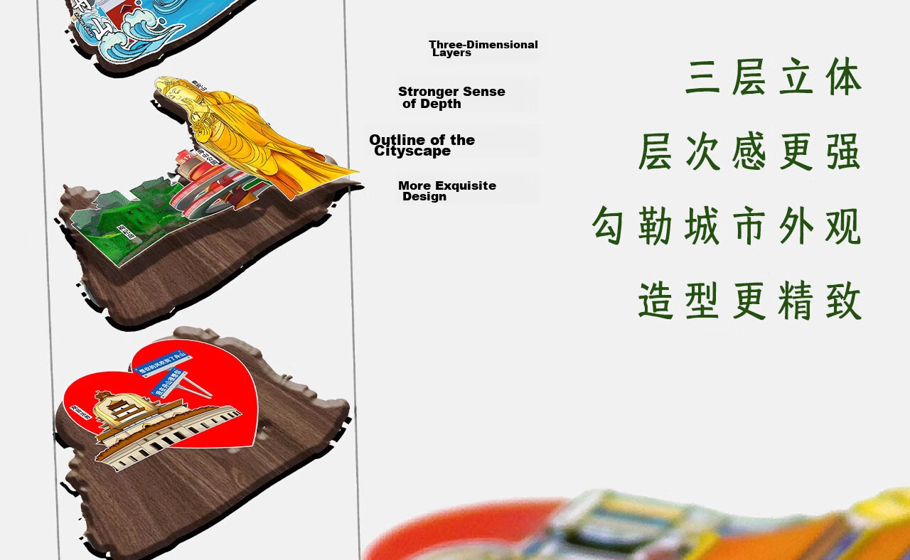 Youxueku City Tourism Cultural Creative Refrigerator Magnet Three-Layer 3D Regional Landmark Check-in Creative Wooden Refrigerator Magnet I Miss You in Hangzhou 520 Gift 13