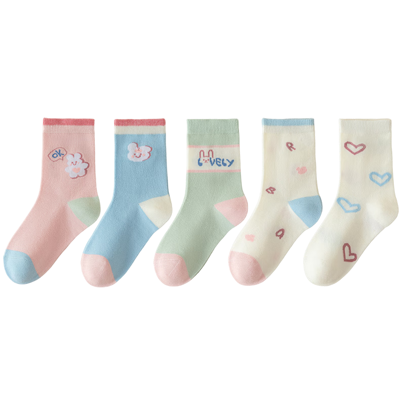 MiiOW Children's Socks, Girls' Cartoon Thin Cotton Socks, Baby Soft Mid-Calf Socks, Heart Rabbit Pattern, Size L