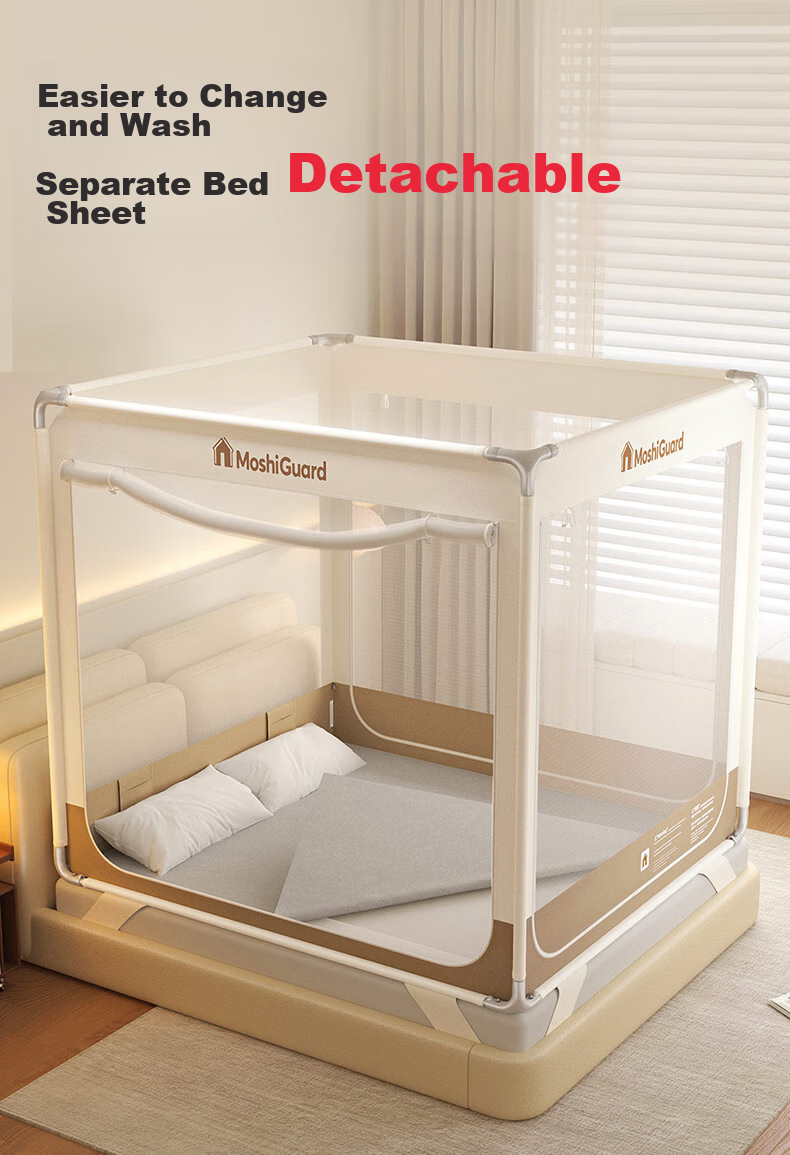 XIHAN Class A Home Baby Anti-Fall Playpen Mosquito Net with Three Doors 1.5*2m Bed [Snap Buckle Frame with Fan Rod] 16