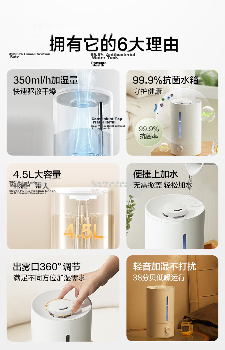 JD Jingzao Small Humidifier for Home Bedroom, Pregnancy and Infant Nasal Care, Quiet Antibacterial 4.5L Large Capacity Air Humidifier, Water Refill, Air Conditioner Fan Cooling Companion, Desktop Birt 5