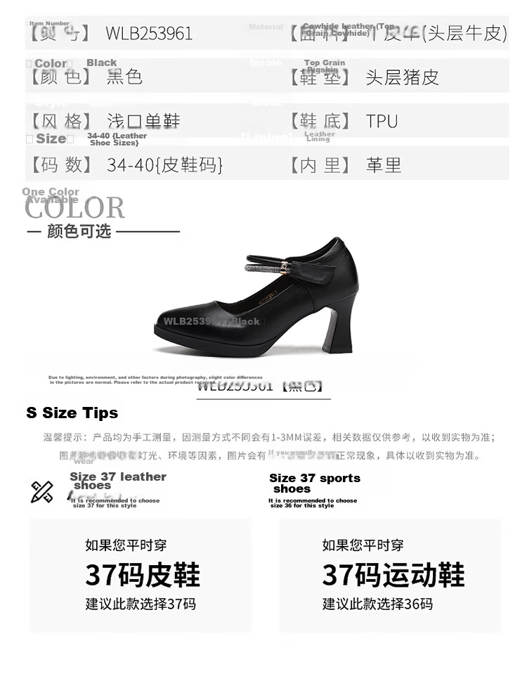 Red Dragonfly Women's Autumn Breathable Mary Jane High Heels Versatile Lightweight Leather Shoes WLB253961 Black Size 36 8