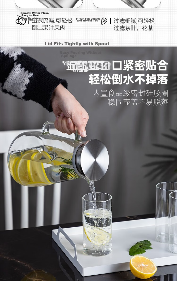Banwu Life Large Capacity Glass Water Pitcher High Temperature Resistant Thickened Explosion-Proof Cold Water Jug Juice Pitcher 7