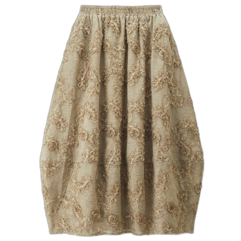 Giordano Designer Ruched Skirt Women's Heavy-Duty Distressed 3D Applique Elastic Waist Midi Skirt 18466810