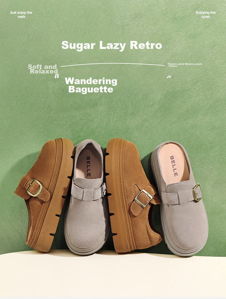 Belle Women's Thick-Soled Warm Furry Shoes 2025 Winter New Second-Layer Cowhide Retro Birkenstock JD009DM5 Gray Single Lining Size 39 1