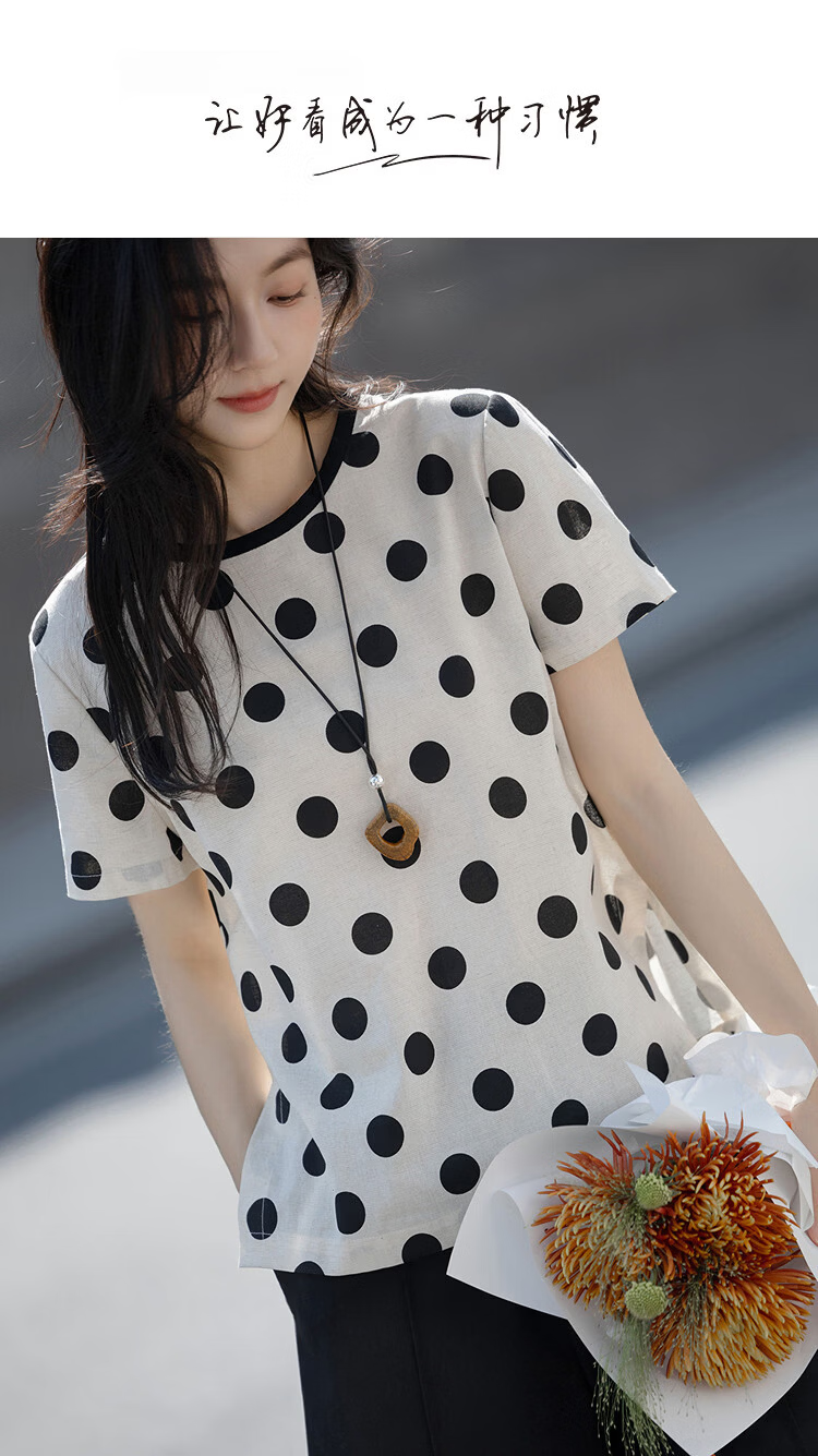 Demana [Linen Cotton Blend] Summer Vintage Urban Colorblock Crew Neck Polka Dot Print Loose Slimming T-Shirt for Women Premium 1
