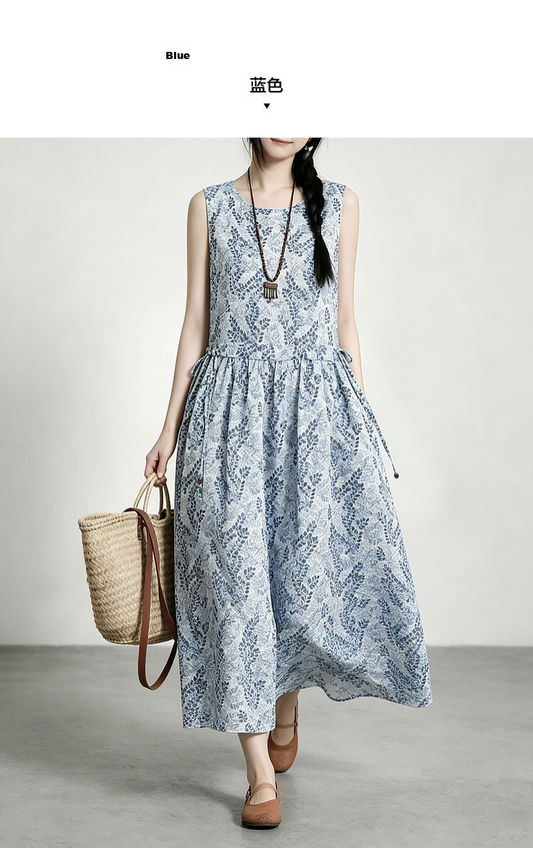 Demana [Artistic Forest Girl] Summer Ethnic Style Printed Round Neck Sleeveless Drawstring Slim Fit Dress for Women Premium Quality 16