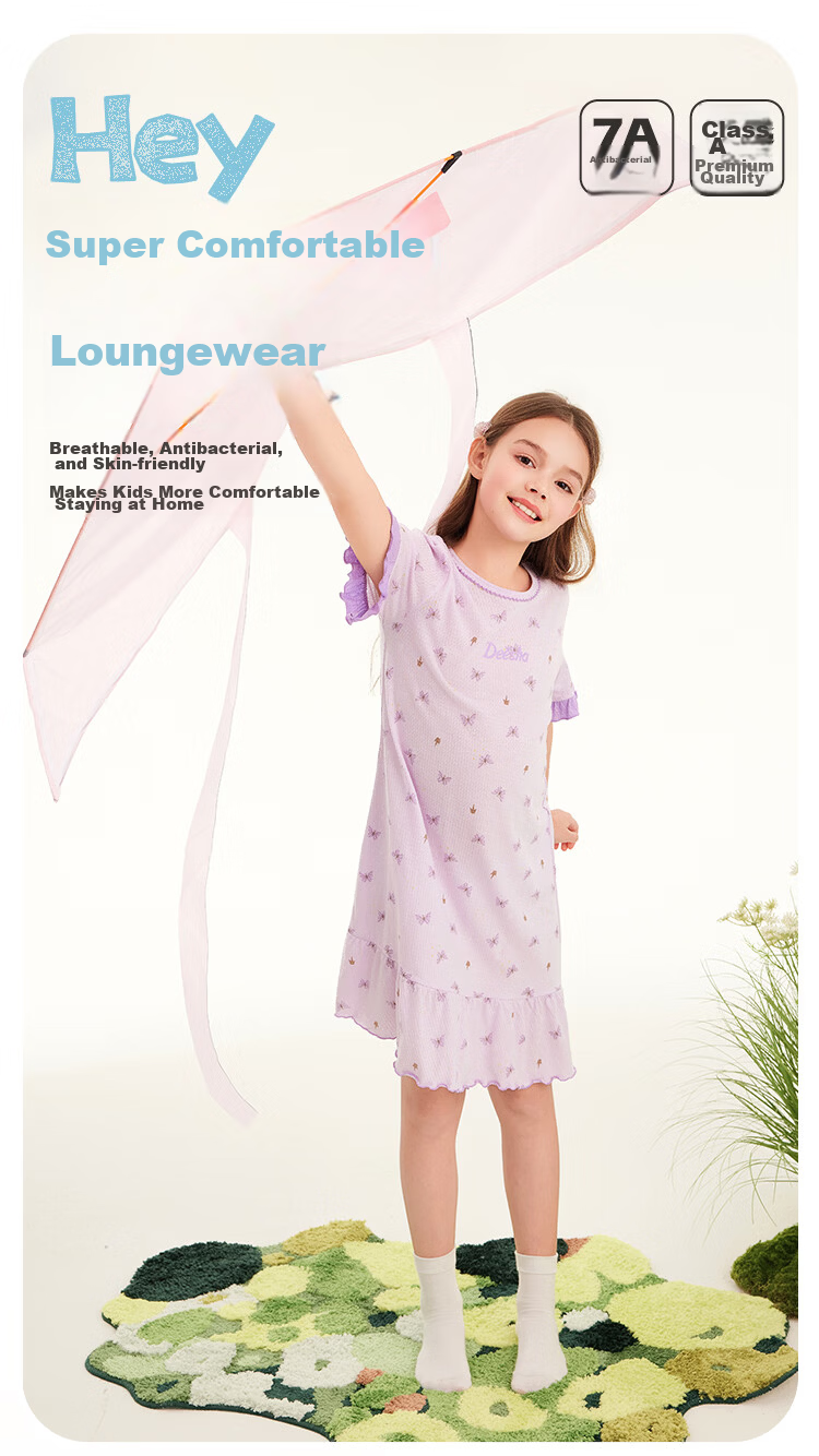 DEESHA Girls' Summer Thin Cotton Mesh Breathable Nightgown Kids Sleepwear Sweet Dream Kitten Dress 150cm 1