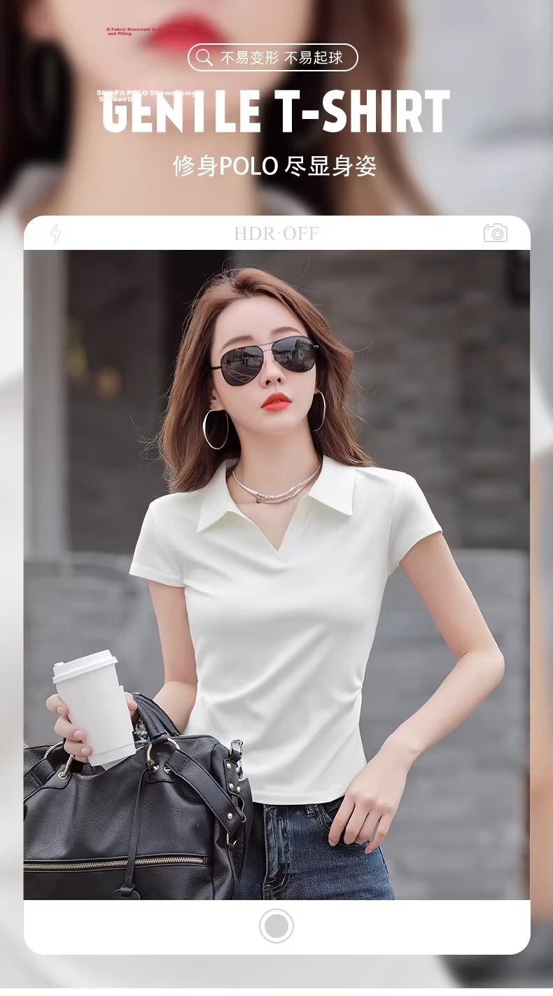 Woodpecker Pure Cotton Polo Collar Short Sleeve T-Shirt Women Summer Shoulder Pleated Waist Slim Fit Cropped Top Black XL 2