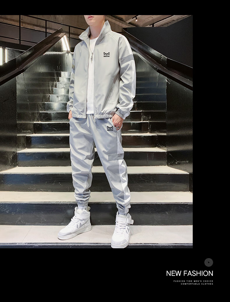 Miiow Men's Long Sleeve Set Spring Autumn Stylish Versatile Sports Stand Collar Jacket and Pants Two-Piece Set Gray 3XL 8