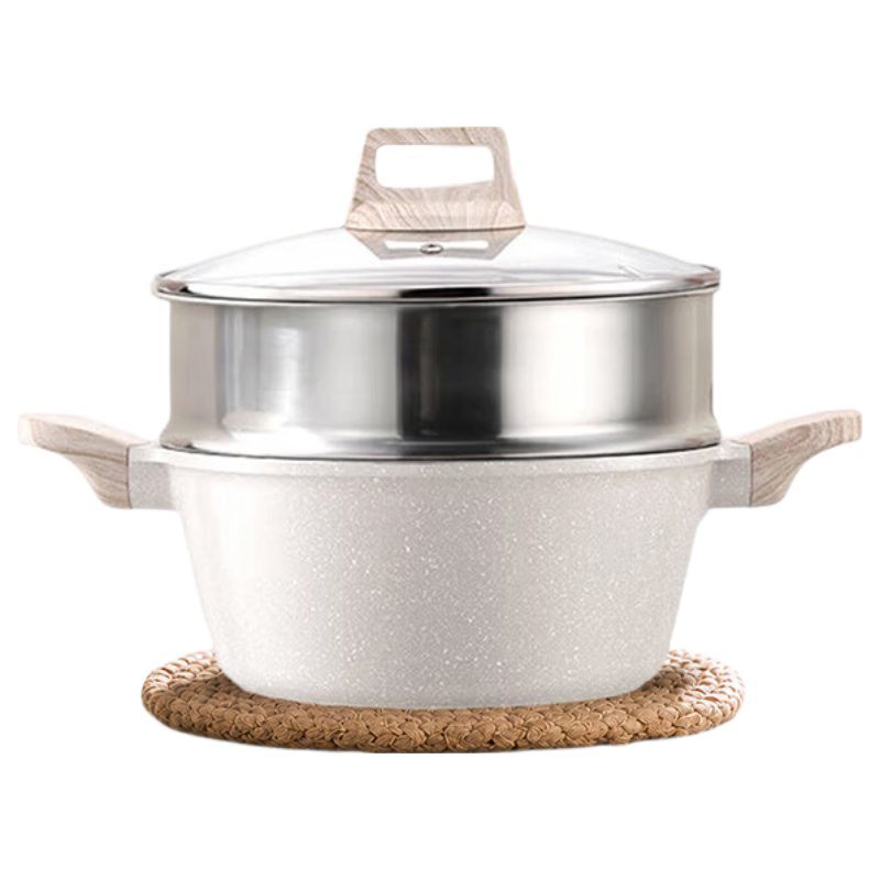 JD Original Non-Stick Soup Pot in White Wheat Stone Color for Home Cooking And Stewing, Compatible with Gas And Induction Cooktops, with Steamer Insert, 24cm