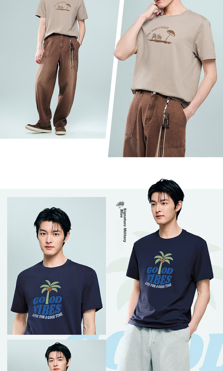 Giordano Men's Short Sleeve T-Shirt Summer New Pure Cotton Vacation Beach Theme Printed Crew Neck Top 13096305 17